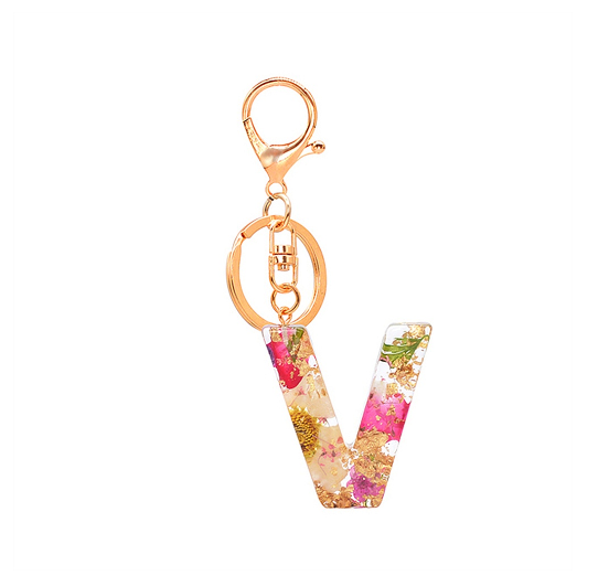 A-Z 26 Letter Pendant Keychains Resin Dried Flower Alphabet Keyring Charm Women Cute Bag Ornamant Accessories Gifts V