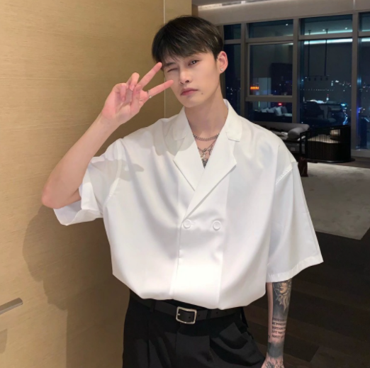 Summer High End Drape White Shirt Men's Korean Version Of Abstinence Suit Collar Short-sleeved Shirt