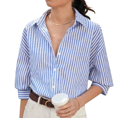 ovito Women Button Collar With Cotton Blouse L59ED052 (Blue White)