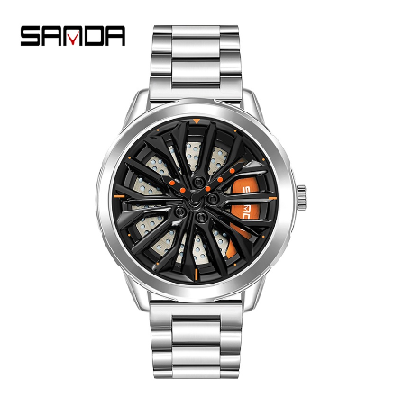 Sanda Fashion Pioneer Car Lover Cool Spinning Hub Racing Style Quartz Watch Style Luxury Watch SILVER STEEL STRAP