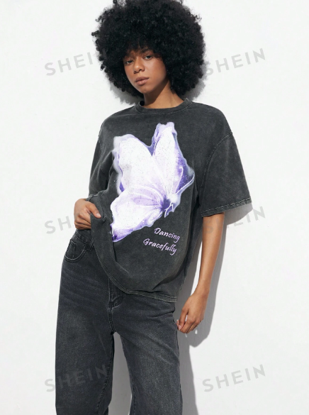 SHEIN Maija Women's Casual Graphic T-Shirt For Back To School, Summer Butterfly & Slogan Printed Round Neck Oversized Short Sleeve Tee