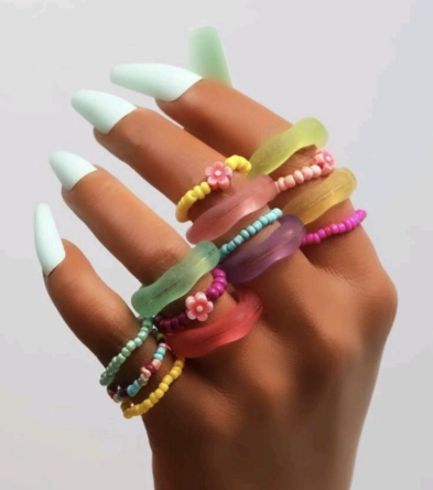 SET OF 4 Acrylic Bead Stackable Y2K Colorful Layered Trendy Ring