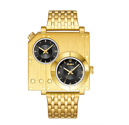 Oulm Square Personality Casual Large Dial Men's Watch Double Time Zone Steel Band Quartz Men Gold GOLDEN BLACK