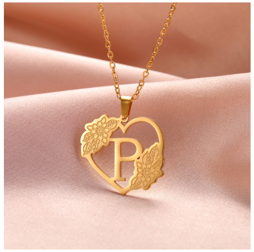 A-Z Initial Flower Necklace Women Stainless Steel Letter Heart Pendant Necklace Choker P