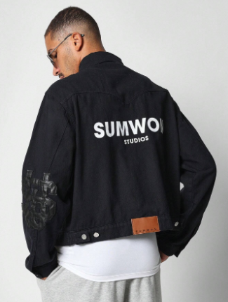 SUMWON Cropped Twill Jacket With PU Trucker And Back Graphic Print
