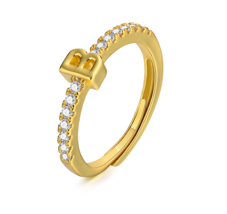Vnox 26 Lettes Gold Luxury Ring,Shiny Zircon Initial Ring,Opening Adjustable Rings for Women B