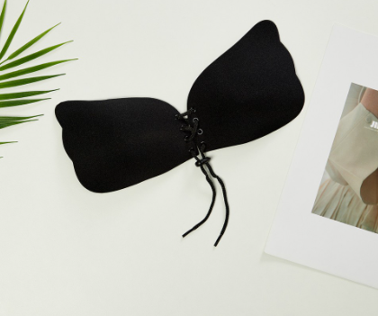 Plain Casual Basic Lace Up Drawstring Design Self Adhesive Silicon Bra for Woman (Black/Skin Color)