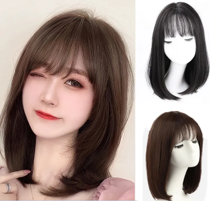 35CM Short Straight Hair Wig with Bangs Full Headgear Bobo Head Women Natural Hairpiece