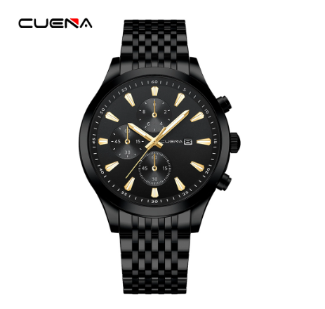 CUENA Original Men's Watches Fashion Brand Stainless Steel Gold Luxury Business Casual Water Resistant Quartz Analog Watch BLACK GOLD