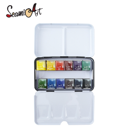 SeamiArt 12color Artist Grade Half Pan Solid Watercolor Set with 1pc Portable Metal Box