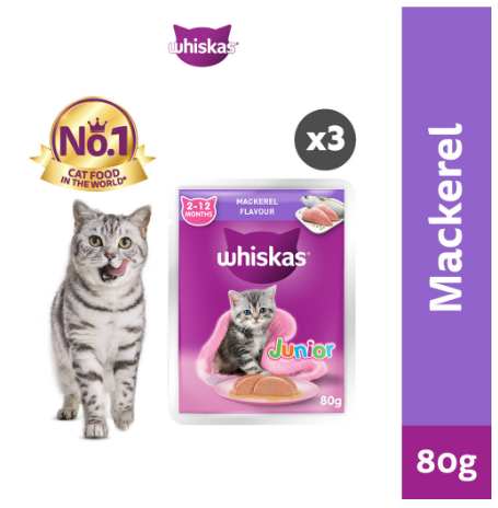 WHISKAS Junior Kitten Wet Food Pouch Mackerel Flavor 80g (3-Pack)