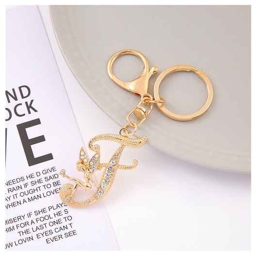 Exquisite Elf Letter Metal Keychains Luxury Gold Color Rhinestone Alphabet Keyrings For Men Women Handbag Ornaments Gifts F