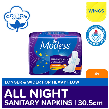 Modess All Night Extra Long with Wings Sanitary Napkin 4s - Heavy Flow, Fast Absorbing Against Leaks