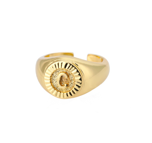 Maxzone Vintage Initial Letter Signet Rings For Women Stainless Steel Ring Round Opening Gold Letter Ring Aesthetic Wedding Jewelry Gift C