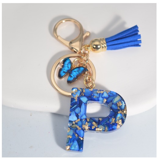 Fashion Butterfly 26 Initials Keychain Exquisite Blue Stone Filled Letter Keyrings Exquisite Alphabet Pendant Bag Ornament Gifts P