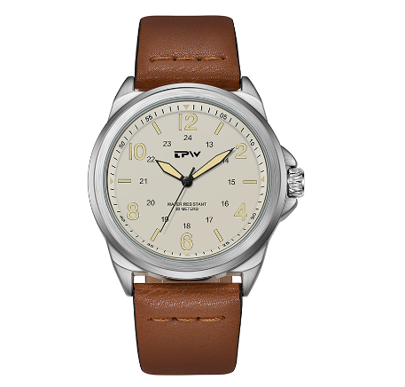 TPW Classic Field Men Watch Fabric Strap Stitched Leather Band Wristwatch 42mm Dial Watch BROWN LEATHER