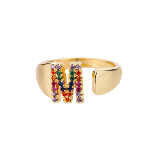 Maxzone Fashion Colorful Chunky Wide Letter A-Z Rings For Women Gold Opening Initial Letter Ring Femme Wedding Party Jewelry M