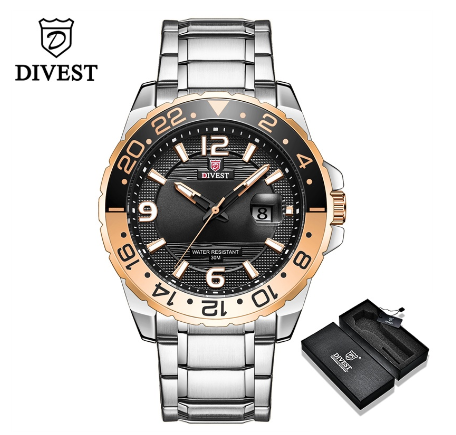 DIVEST Brand Men's Watches Fashion Waterproof Casual Sport Business Original Men Watch Quartz Calendar Luminous 9029 SILVER ROSEGOLD
