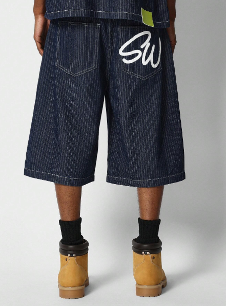 SUMWON Denim Pinstripe Jort With Back Graphic