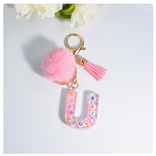 Exquisite Pink A-Z Letter Resin Keychain With Hairball 26 Initials Keyring Charms Women Bag Ornament Best Festival Gift U
