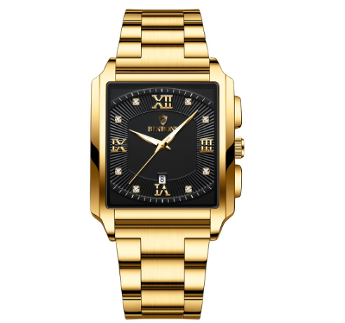 Binbond New Style Rectangular Men's Stainless Steel Band Simple Sports Outdoor Calendar Quartz Watch Waterproof Wrist Watch M1