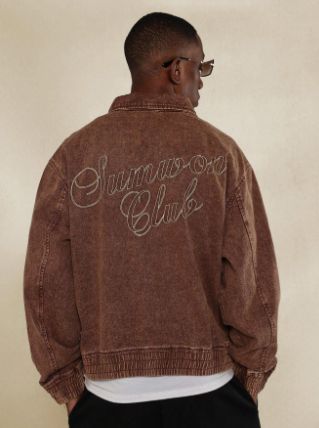 SUMWON Regular Fit Washed Twill Bomber Denim Jacket With Back Embroidery