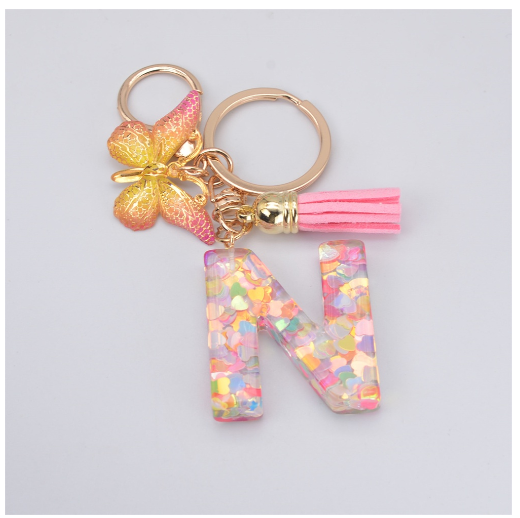 Exquisite 26 Letter Resin Keychain with Pink Tassel Gradient Butterfly Pendant Key Ring Women Bag Ornaments Accessories N