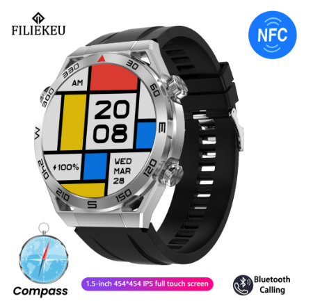 FILIEKEU Watch Ultimate GPS compass smart watch bluetooth call waterproof sports fitness ECG smart watch SILVER SILICONESTRAP