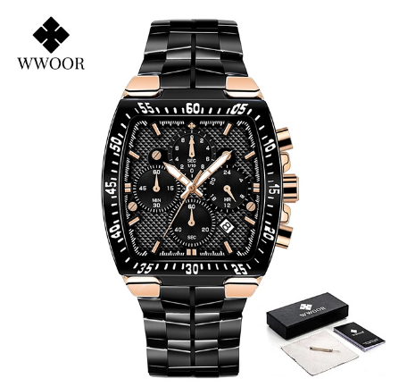 Wwoor Luxury Square Watch Men Military Steel Gold Black Quartz Waterproof Sports Chronograph Wristwatch BLACK ROSEGOLD COMBINATION