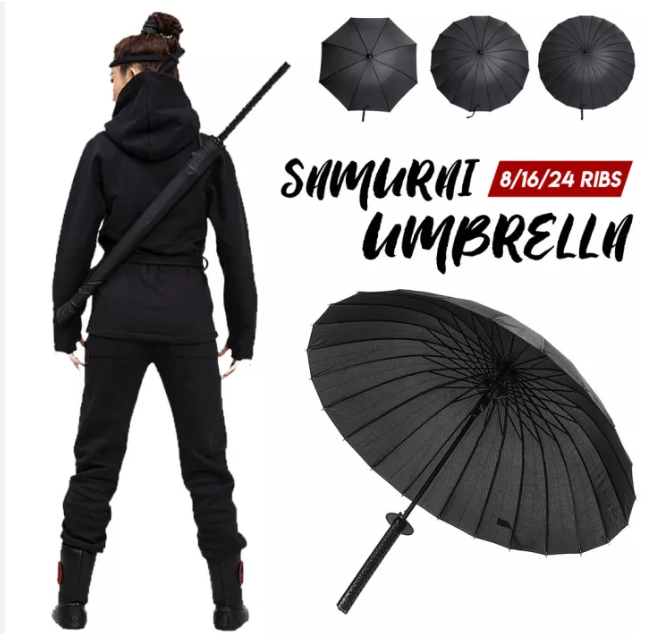 Fashion Black Samurai Umbrella Katana Sword Handle Strap Long Umbrella Classic Retro Umbrella Waterpoof