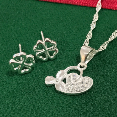 Silver Korean Jewelry Accessory Heart Necklace and Earrings