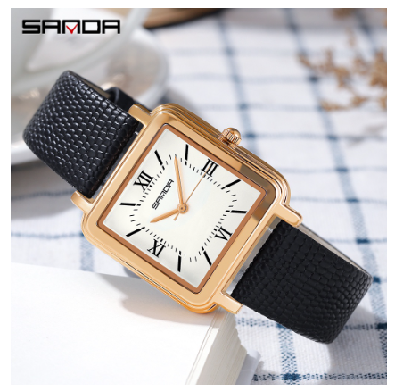 Sanda Ladies Business Temperament Watch Fashion Pioneer Quartz Watch Girl Casual Glamour Watch Cool Waterproof Tall Fashion Watch BLACK LEATHER STRAP
