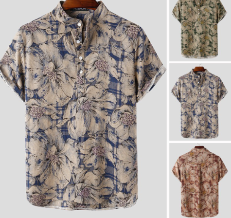 Men's Summer Cotton Retro Floral Round Neck Short Sleeve Shirts