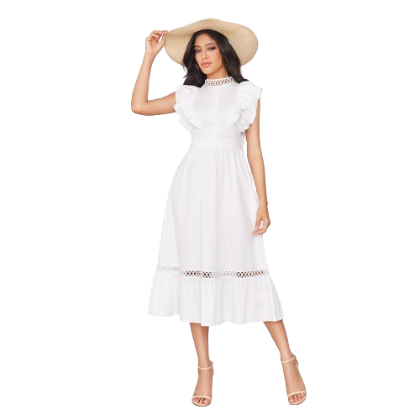 Lovito Women Ruffle Lace Fabric Stitching Dress LBE02102 (White)