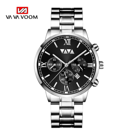 VA VA VOOM Fashion Men's Watches Top Brand Luxury Business Watch Calendar Waterproof Leather Quartz Watch SILVER BLACK