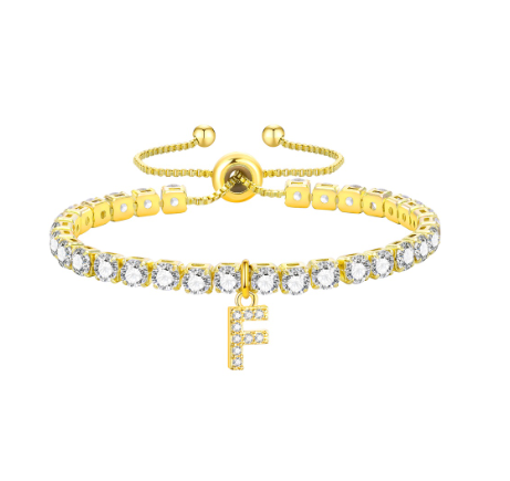 Vnox Cubic Zircon Letter Bracelet for Women Girl,18K Gold Handmade Initial Tennis Shiny Wedding Chain Link Jewelry Gift F