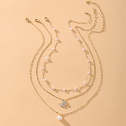 Pearl Butterfly Necklace Elegant Multi Layer Pendant Gold Chain Choker Women Accesories Jewelry
