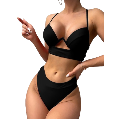Lovito Women Sexy Plain Cut Out Bikini Sets LNL37133 (Black)