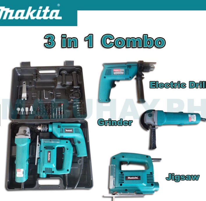 Makita 3 in 1 Angle Grinder and Impact Drill and JigSaw Set With Hardcase