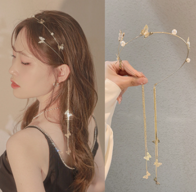 Korean Alloy Butterfly Rhinestone Headband Pearl Diamond Tassel Thin Hair Band For Woman Hair Accessories