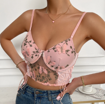 Ins Style Summer Mesh Patchwork Butterfly Embroidered Camis