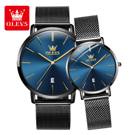 Olevs Couple Watch Waterproof Original Stainless Steel Black Fashion Calendar Ultra Thin Quartz Analog Wrist Watch BLUE DIAL BLACK CASE STRAP