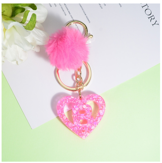 Pink Heart A-Z 26 Initials Keychain With Furball Fashion Letter Resin Keyring For Women Bag Ornaments Car Key Accessories Gifts B