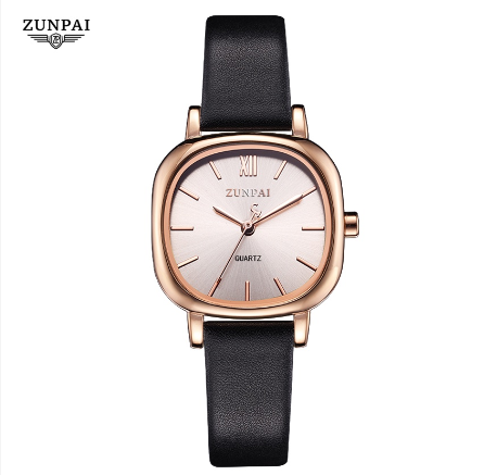 Zunpai Woman Waterproof Leather Strap Square Watch BLACK