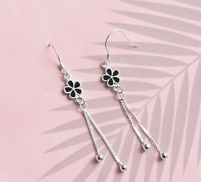 Italy Sterling Silver Oxidize Flower Hook Dangling Earrings