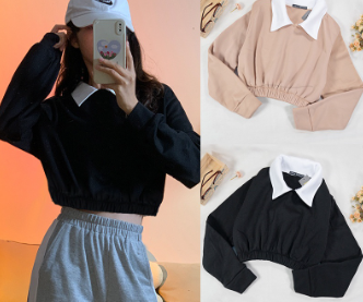 Korean Pullover Collared Polo Jacket Crop Top Retro Lapel Two Tone Terry Brass Jackets Reworked B043