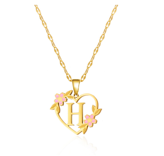 18K Gold Non Fading Letter Necklace Stainless Steel Personalized Initial A-Z Pendant Flower Non Black Necklace Jewelry Gift for Women Girlfriend H