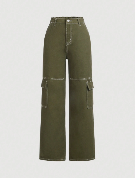 SHEIN Teen Girls' American High Street Style Comfortable Loose Straight Leg Jeans With Multiple Pockets, Green
