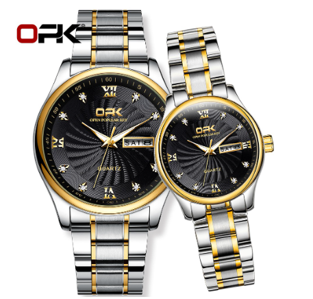 OPK Couple Watch Waterproof Authentic Quartz Calendar Luminous Stainless Steel Original Watch BLACK DIAL TWO TONE