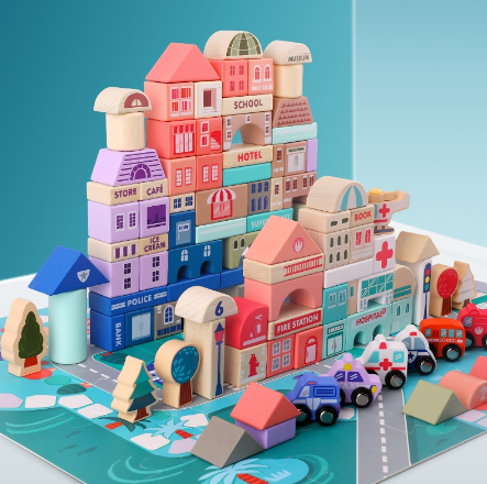 HCH Kids 115pcs Wooden Colored City Building Construction Educational Blocks Toy Set
